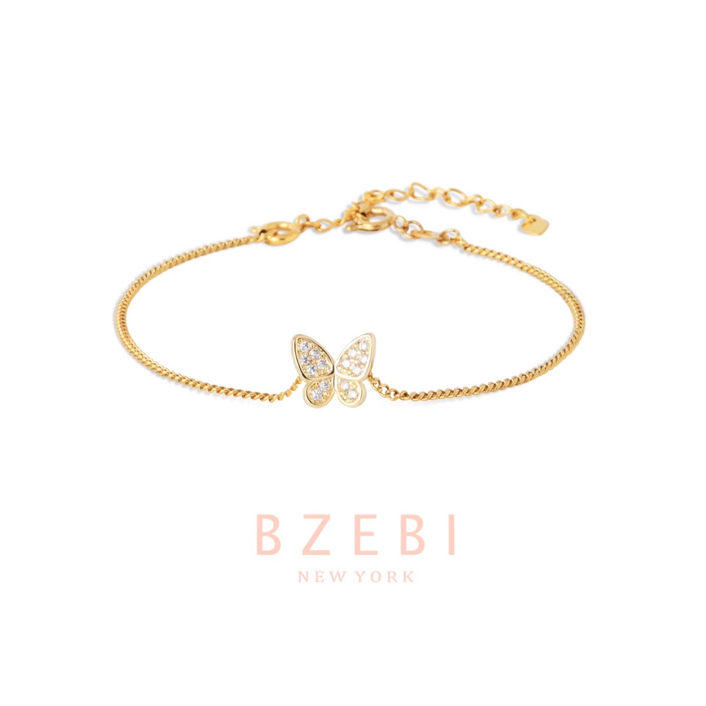 Bzebi Gelang Tangan Rantai Lapis Emas Aksen Batu Zircon Butterfly Adjustable Untuk Wanita 196b