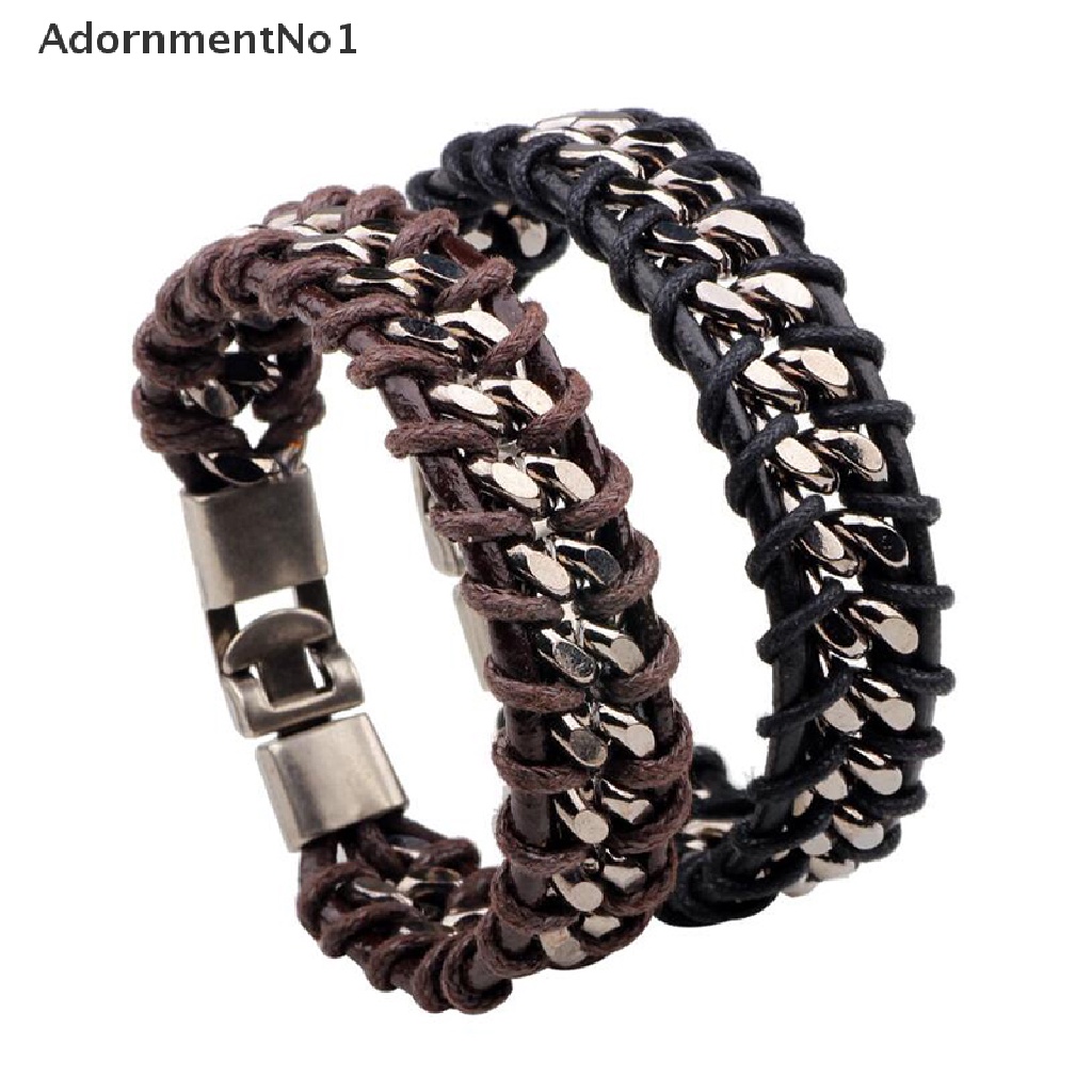 (AdornmentNo1) Gelang Bangle Kulit Pu Multisusun Gaya Vintage Punk Untuk Pria