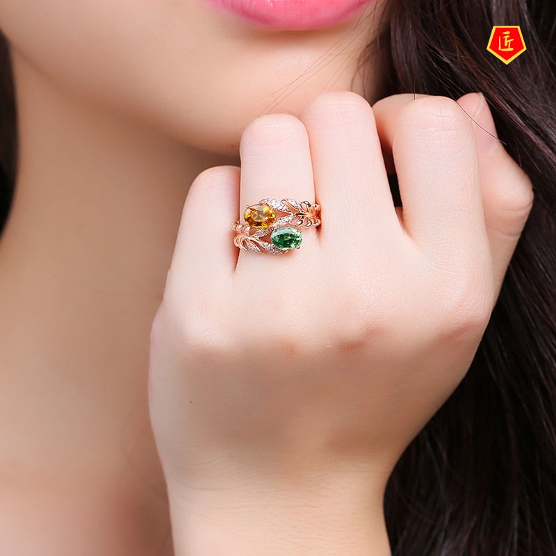 [Ready Stock]Fashion Elegant Rose Gold Grass Shaped Colored Gems Ring