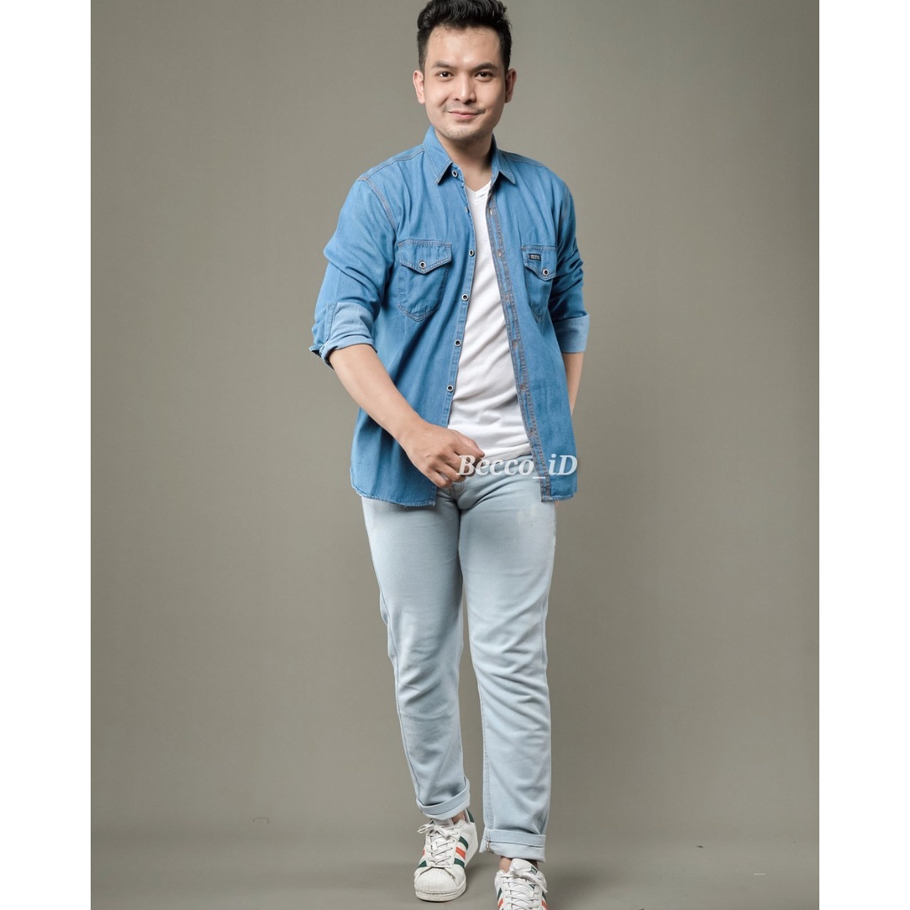 Kemeja Jeans Panjang Original Basic Pria l Kemeja Polos  l Kemeja Kantoran Termurah