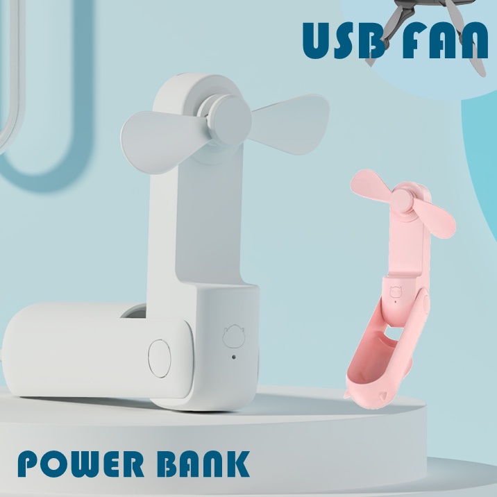 Mini Fans+Power Bank USB Charger 2 in1 Kipas Angin Portable Fan Usb Rechargeable Pocket Desk Handheld Mini  Fan - Pink , White