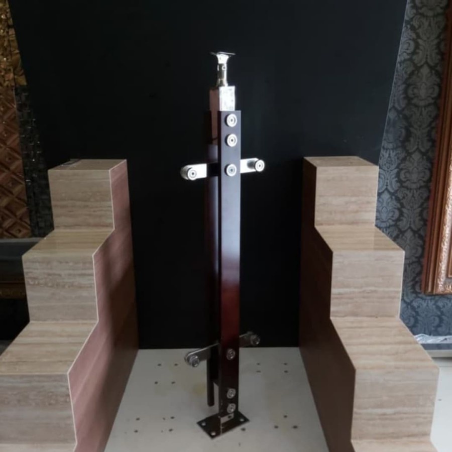 Tiang Railing Tangga Stainless + Kayu Mahoni RK 75