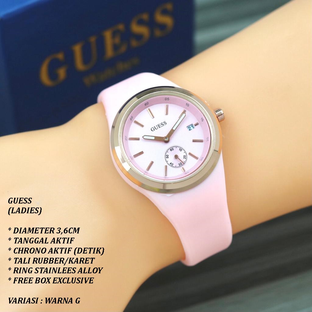 (FREE BOX) JAM TANGAN WANITA GUESS TALI RUBBER BODY BULAT TANGGAL &amp; CHRONO AKTIF