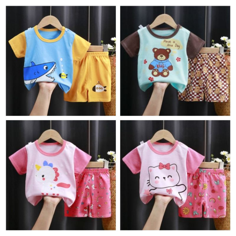 AIMEE CO setelan baju bayi set pakaian pendek anak bermain santai tidur pink biru baby shark piyama 