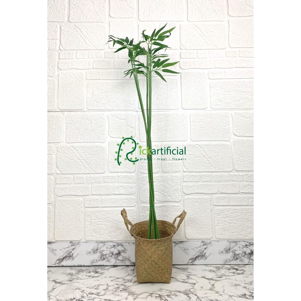 Tanaman Hias Daun Bambu Air Artificial Pot Dasar Hitam Anyaman Purun