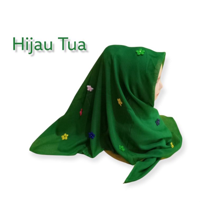 Hijab segi empat motif bunga mutiara (Hijau Tua )