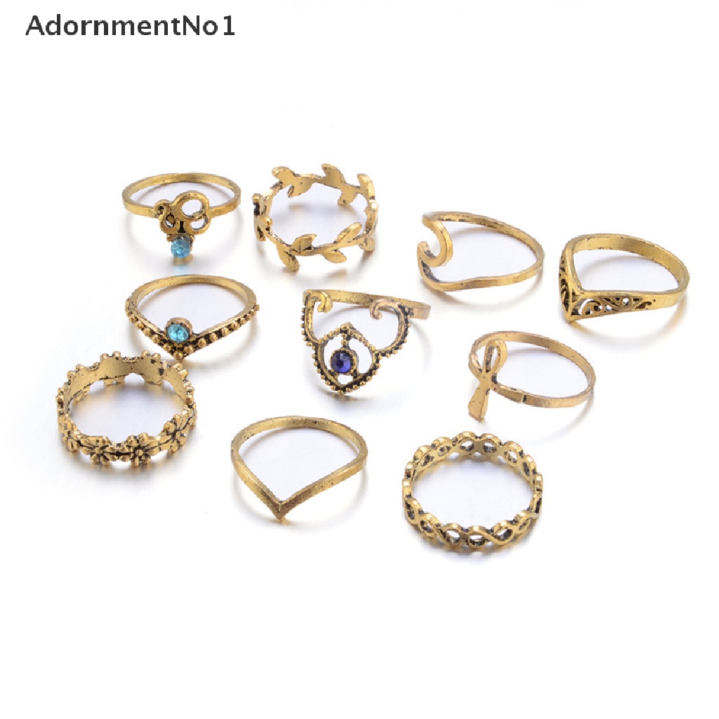 (AdornmentNo1) 10pcs / Set Cincin Knuckle Desain Daun / Geometri / Infinity Hollow Hias Kristal Gaya Unik Untuk Wanita