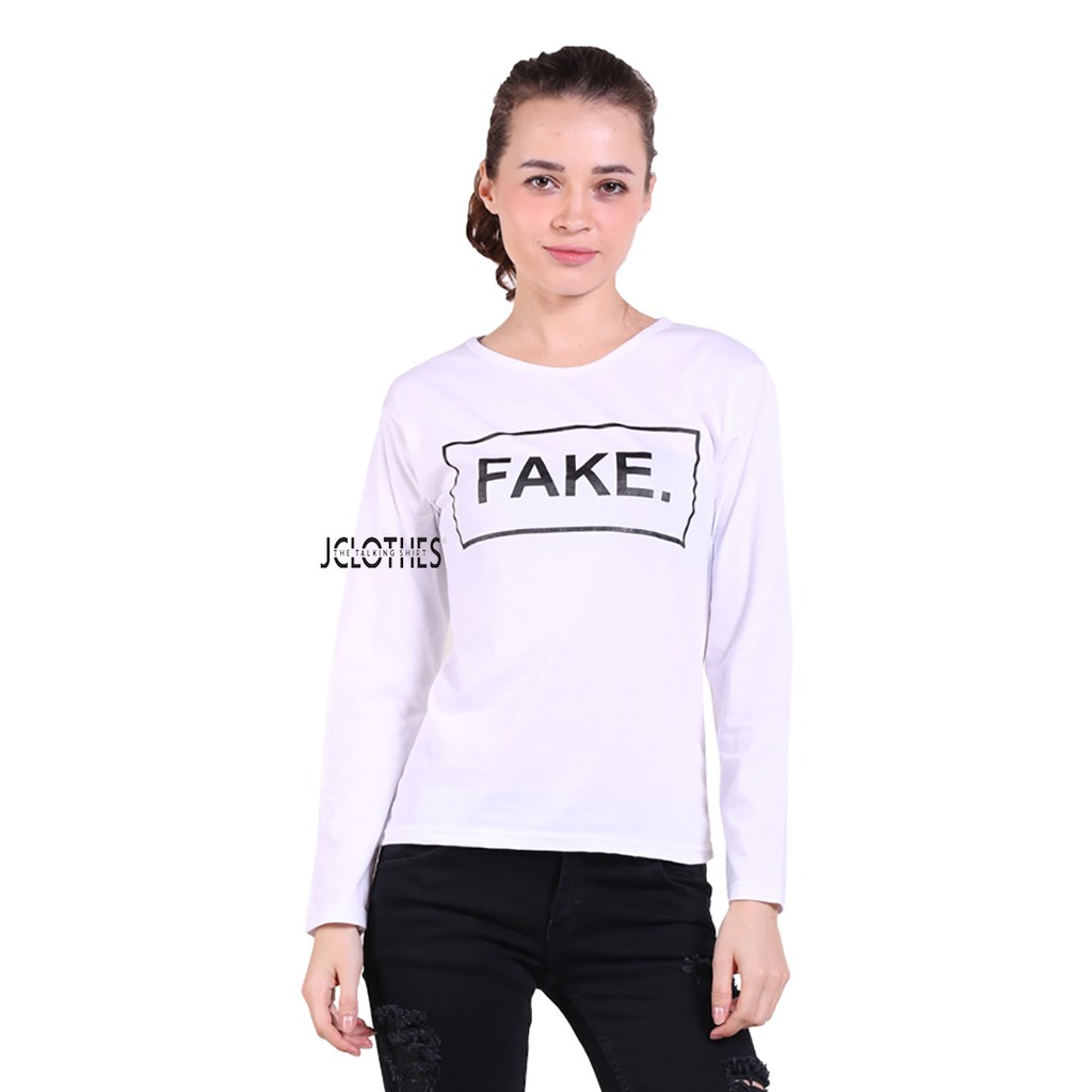 Kaos Wanita / Kaos Cewe / T-Shirt Wanita Lengan Panjang Fake - Putih