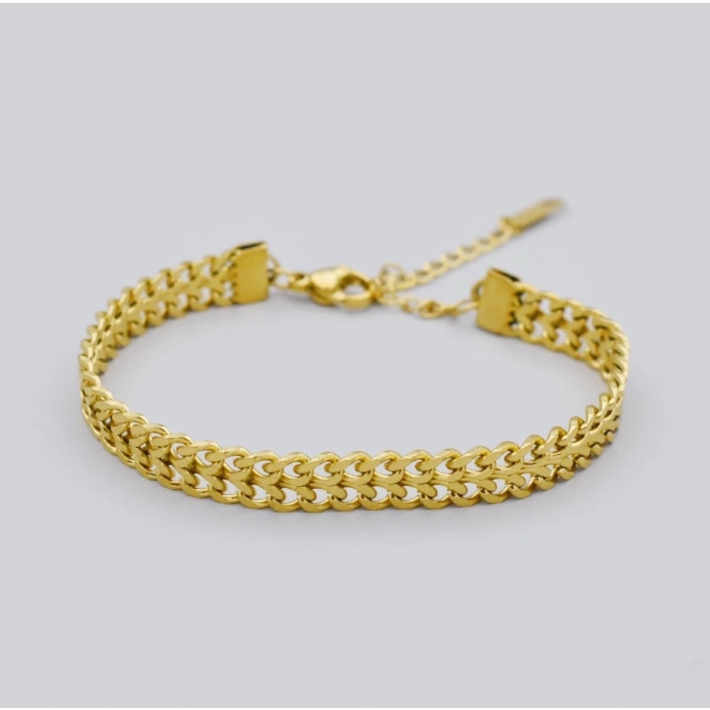 Gelang Rantai Kuba Lapisan Ganda Warna Gold