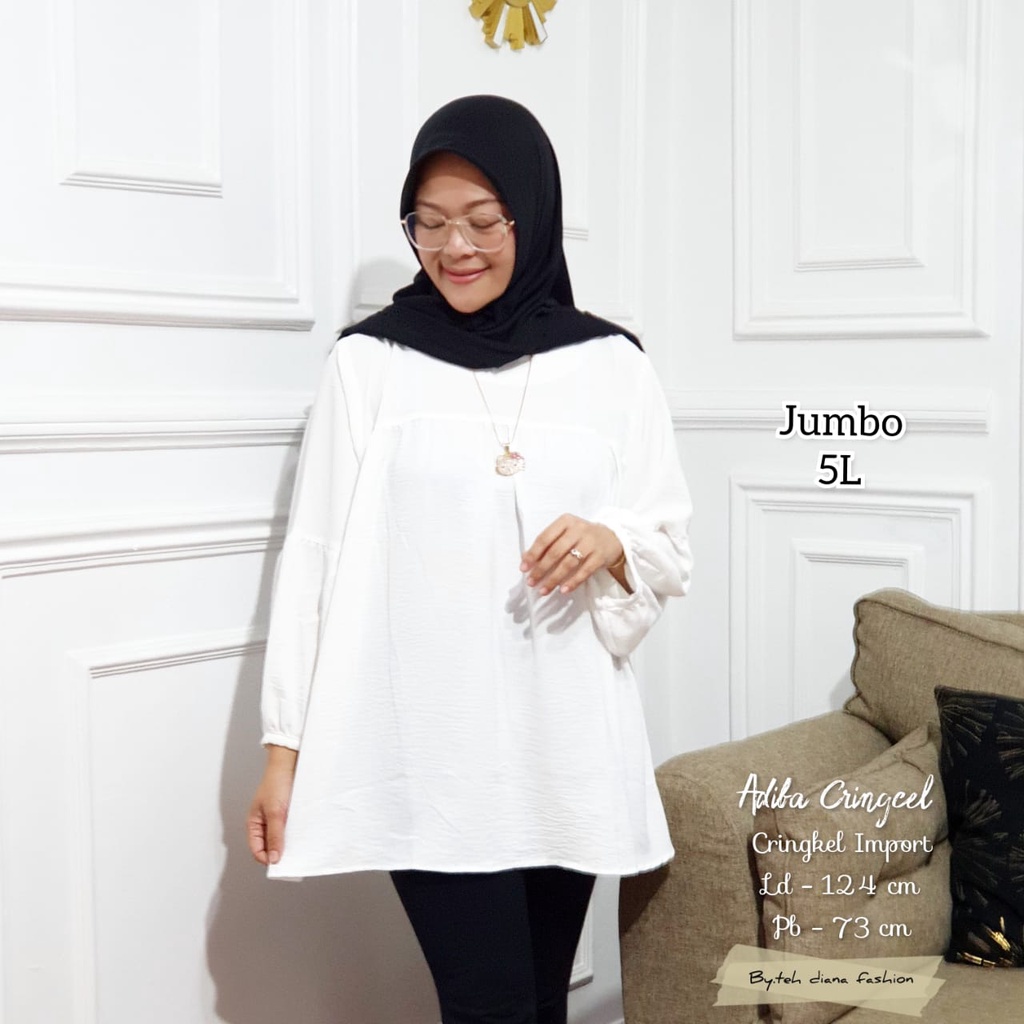 Atasan Wanita Jumbo / Baju Atasan Wanita Jumbo / Blouse Wanita Jumbo Model Adiba Crinkle Ld 124 Cm-Putih Tulang