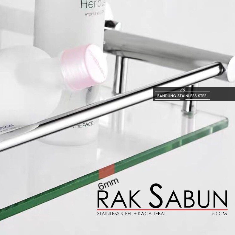 Rak Tempat sabun shampo stainless kaca tebal 1 susun 50 cm persegi kamar mandi