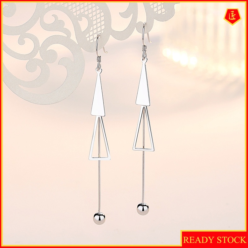 [Ready Stock]Geometric Earrings Women's Elegant Long Silver Simple All-Match