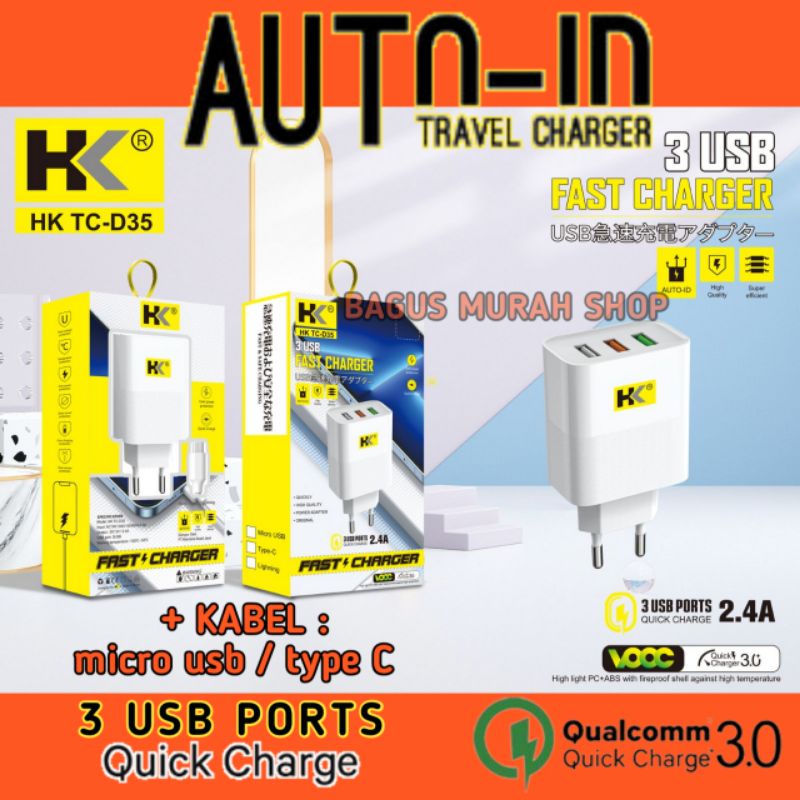 charger Fast Charging QC 3.0 Auto id 3 Port USB Adaptor Quick Charger Adaptor + kabel micro usb / type C casan pengecasan pengisian daya cepat