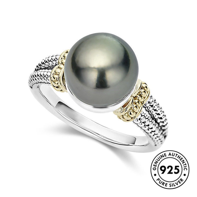 Cincin Mutiara Bulat Warna Abu-Abu Bahan S925 Silver