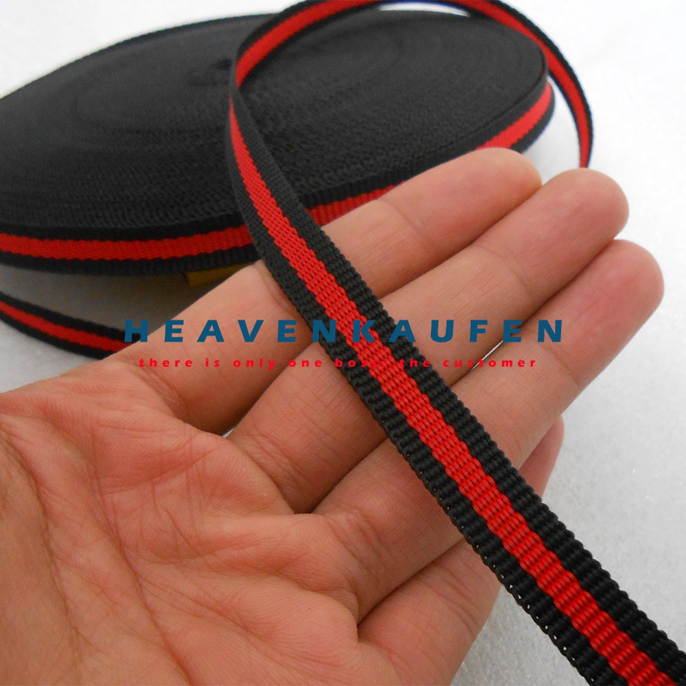 Tali Lanyard Lebar 1 cm Hitam Strip Tengah Merah Meteran