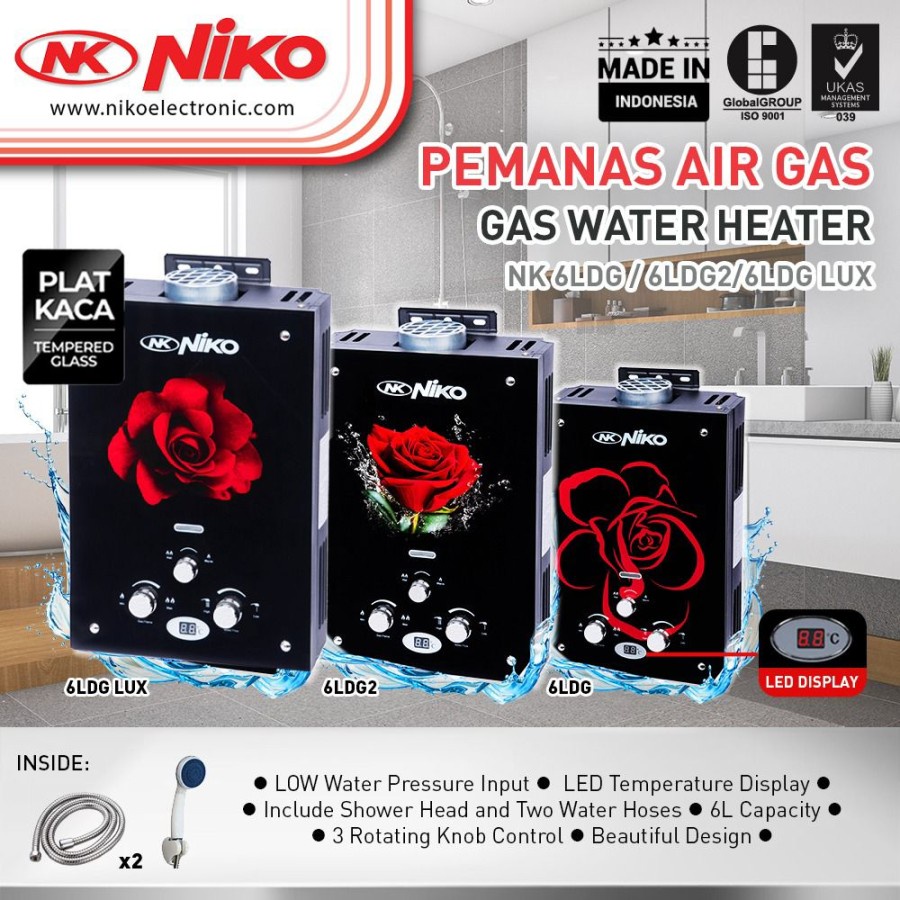 Water Heater Gas Niko NK-6LDG2 Lux (KACA) Digital LED NK6LDG Lux new