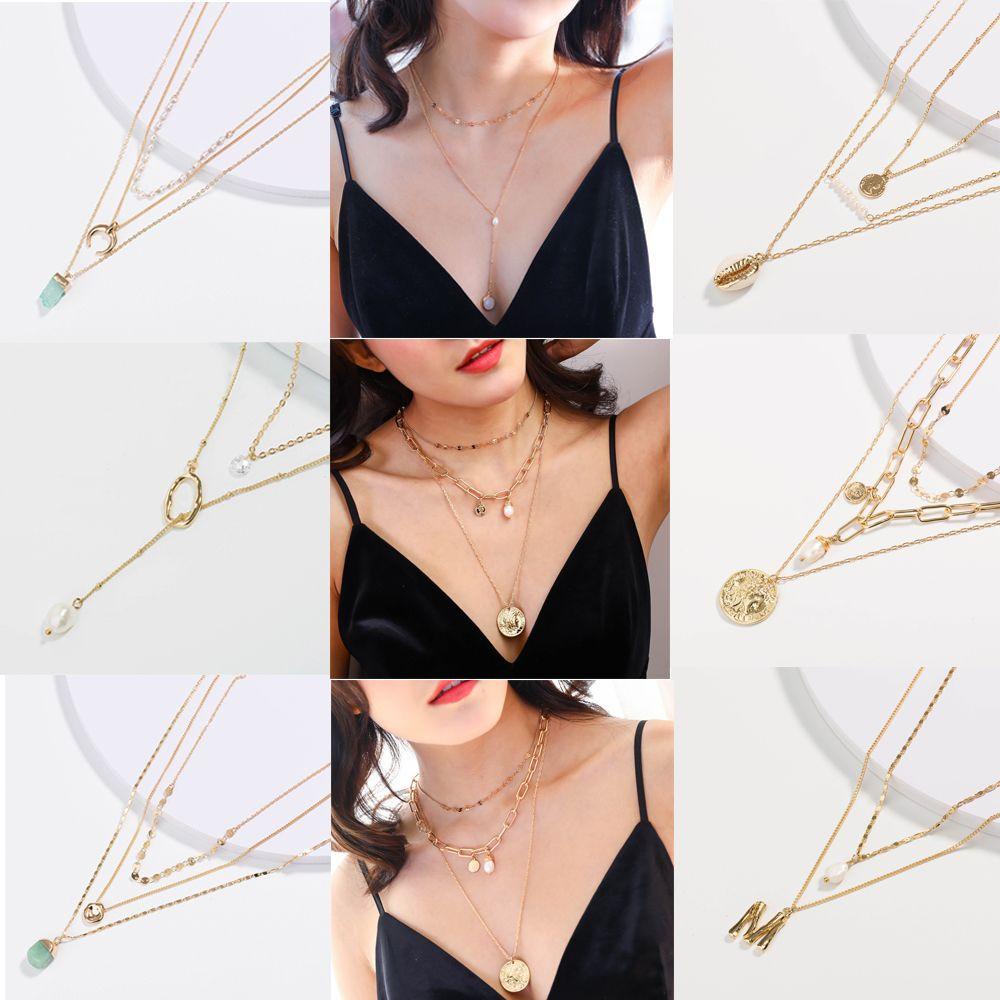 Kalung Choker Rantai Emas Multilayer Aksen Bunga Kristal Untuk Hadiah