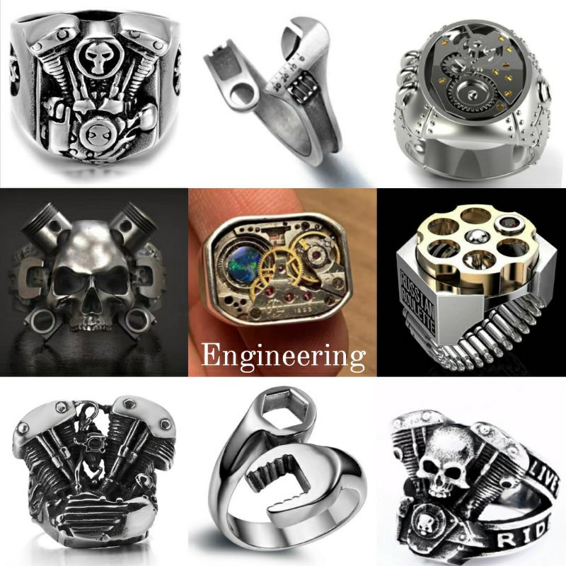 Cincin tengkorak pria wanita antik punk rock grunge style mechanical engineering series