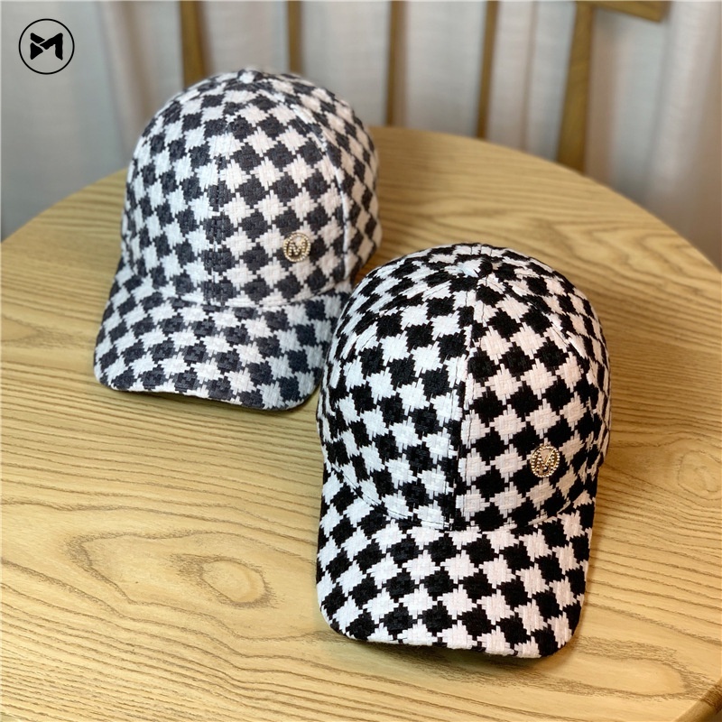 Topi Baseball Motif Kotak-Kotak Hitam Putih Aksen Berlian Imitasi Gaya Kasual Untuk Wanita-2