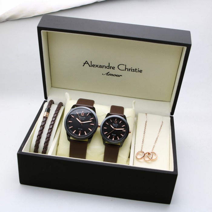 JAM TANGAN ALEXANDRE CHRISTIE AC 8651 BLACK BROWN COUPLE PAKET. ORIGINAL