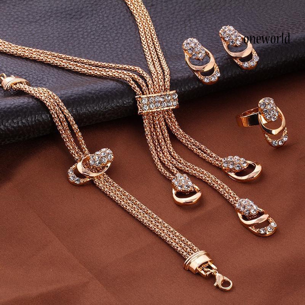 OW@ Women Fashion Rhinestone Inlaid Necklace Bracelet Ring Ear Studs Jewelry Set