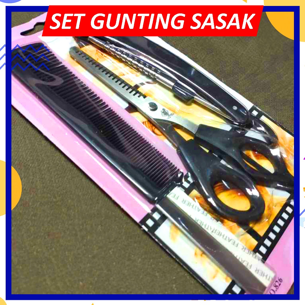 Set Gunting Sasak + Pisau / Set Barber Scissors / Peralatan Salon Hair Cutting Styling / Set Gunting Sasak + Pisau Isi 4 Pcs