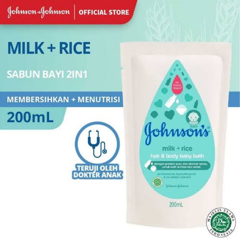 Johnson's Baby Milk And Rice Hair &amp; Body Bath 200ml - Johnson Milk &amp; Rice Sabun Shampoo Bayi 2in1