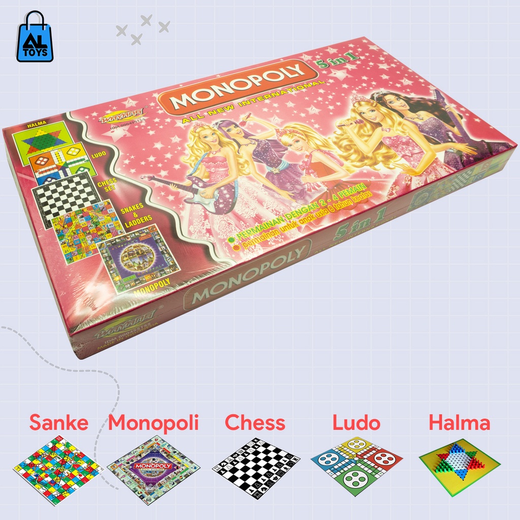 Mainan Game Board Kartu Monopoli 5in1 Chess / Halma / Ludo / Monopoly / Snake &amp; Ladder