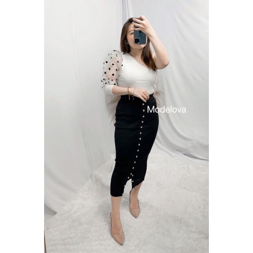 MDLV ~ C577# Polkadot One Shoulder Knit Top Premium Knit Top Atasan rajut Lace Polkadot Atasan Rajut Premium Atasan Rajut Import Fashion Import