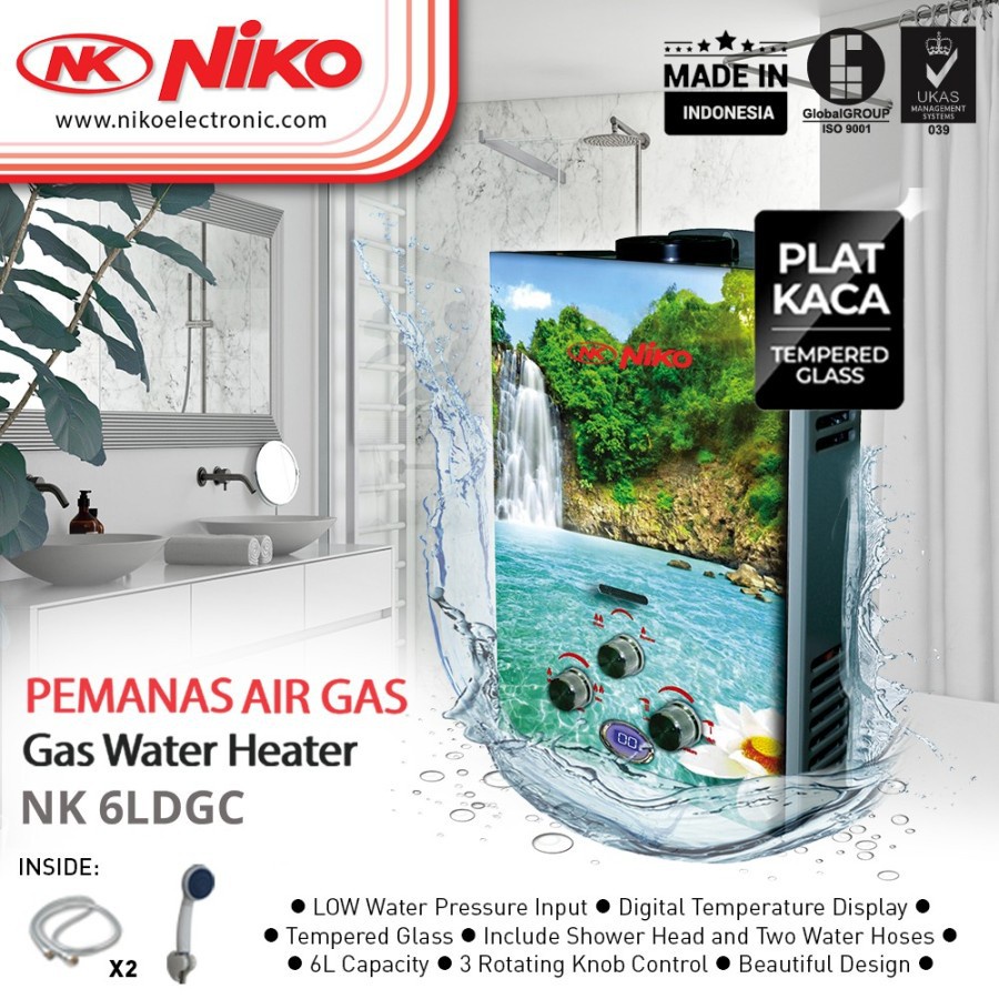 NIKO Gas Water Heater [6L] Tempered Glass 6 LDG A B C D Motif gambar alam