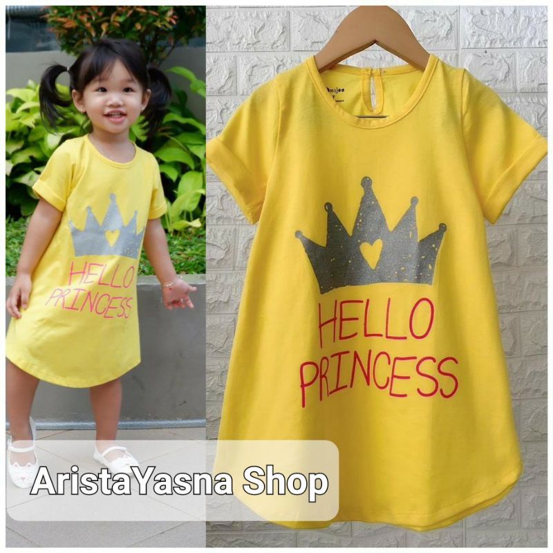 Daster Anak Smilee Sablon Vol 2 Motif Kuning Hello Princess Size 1-5 tahun Dress Anak Kaos Overall