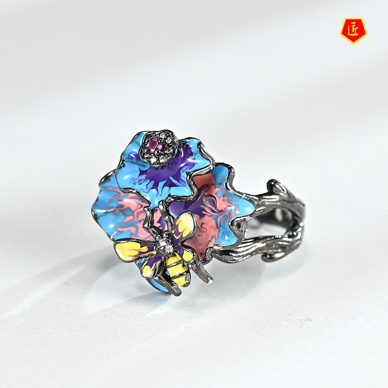 [Ready Stock]Black Gold Diamond Bee Enamel Ring Exquisite Fashion