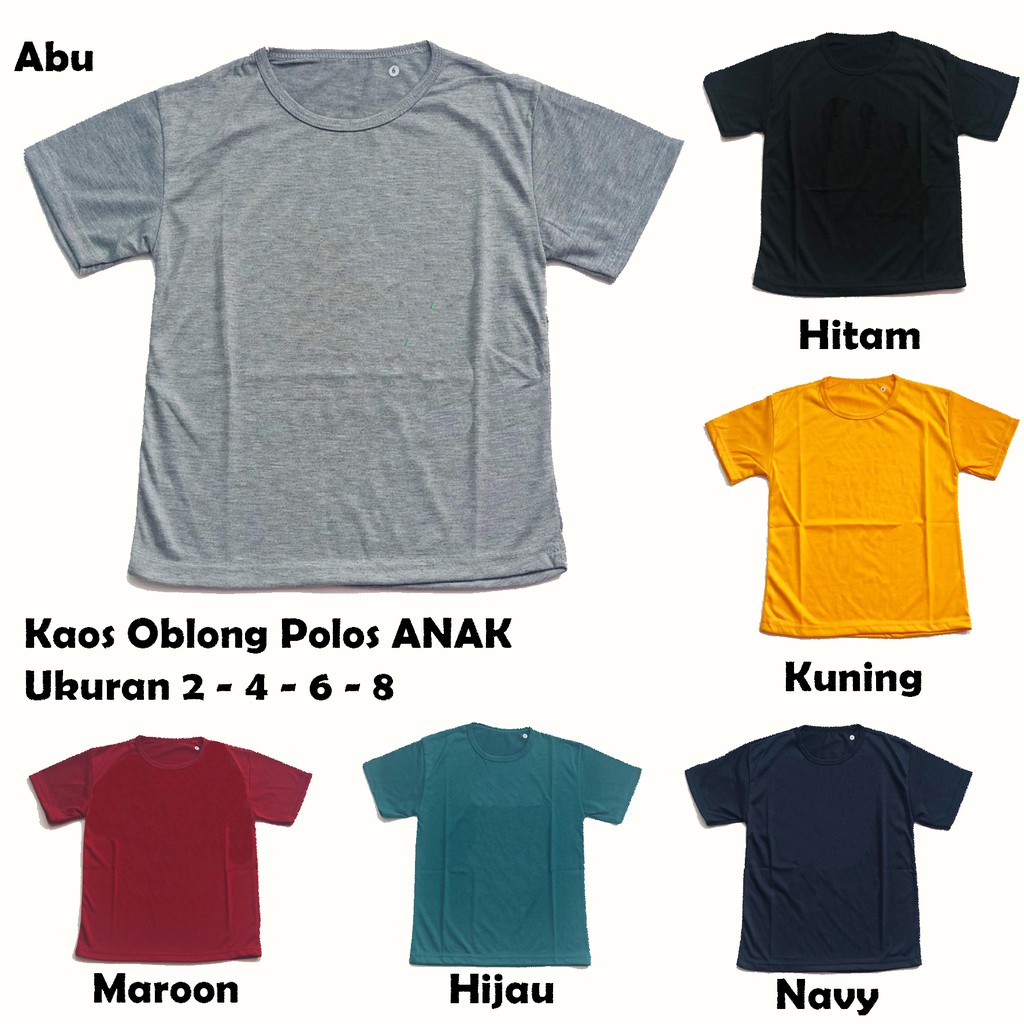 Kaos Oblong Polos Anak Lengan Pendek umur 1 - 8 Tahun