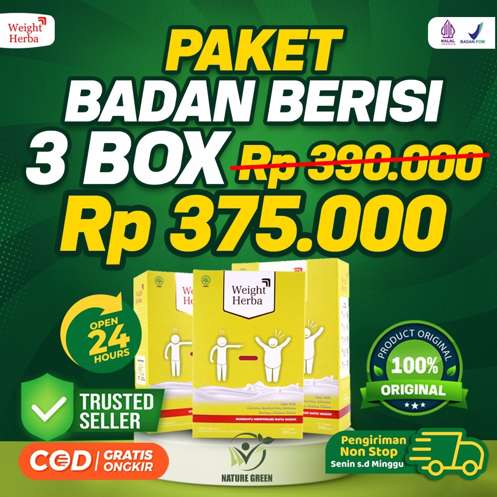 Weight Herba Paket 3 Box Badan Berisi - Weight Herba Original Susu Penambah Berat &amp; Penggemuk Badan Perbaiki Saluran Pencernaan Tingkatkan Nafsu Makan