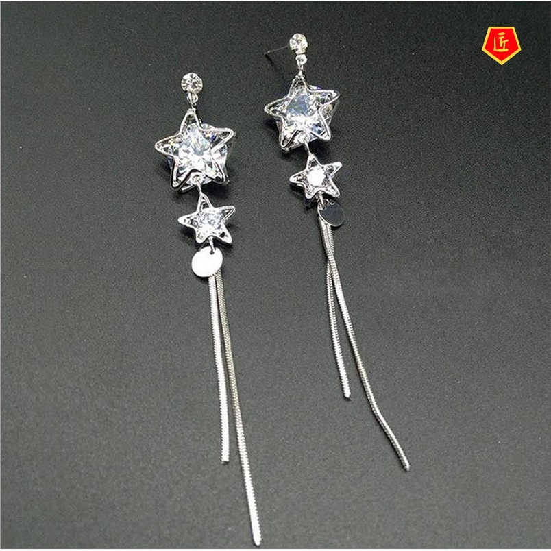 Anting Tusuk Gantung Desain Bintang + Berlian Imitasi + Rumbai Gaya Elegan Untuk Wanita