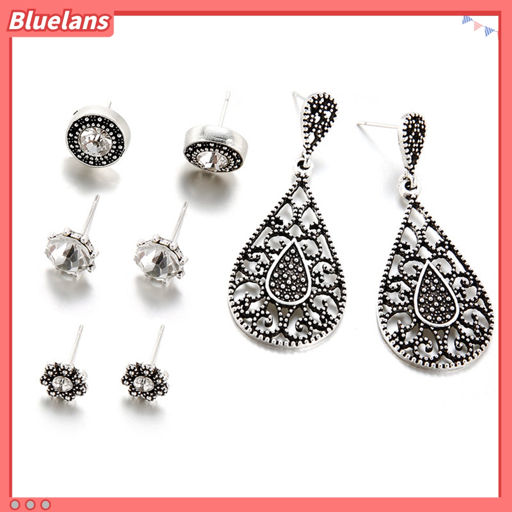 Set Perhiasan Anting Stud Liontin Bentuk Tetesan Air Rongga Warna Silver Gaya Boho Antik Retro