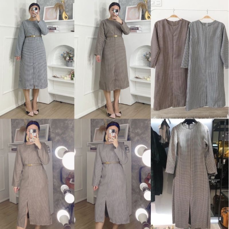 ⚡️CLEARANCE SALE ♡ PREMIUM ♡ ORIGINAL ! THANIA TUNIK PLAID HOUNDSTOOTH LONG SLEEVE THICK MIDI SLIT DRESS