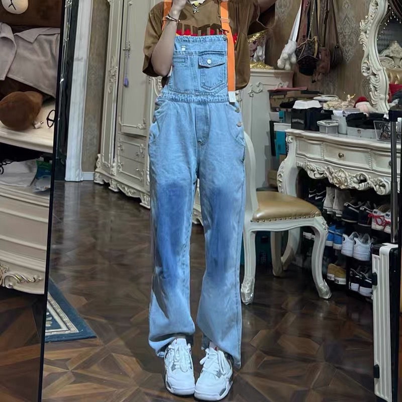 2022 baru denim overall desain rasa wanita niche garam longgar lurus lebar kaki celana panjang ins p