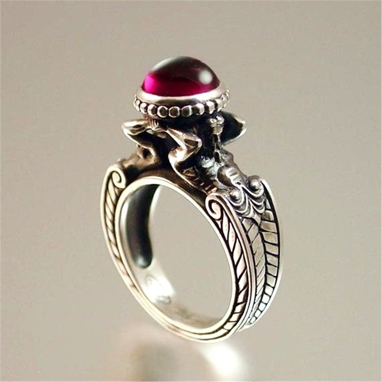 Cincin Lapis Silver 925 Desain Mermaid Ruby Gaya Vintage Untuk Wanita