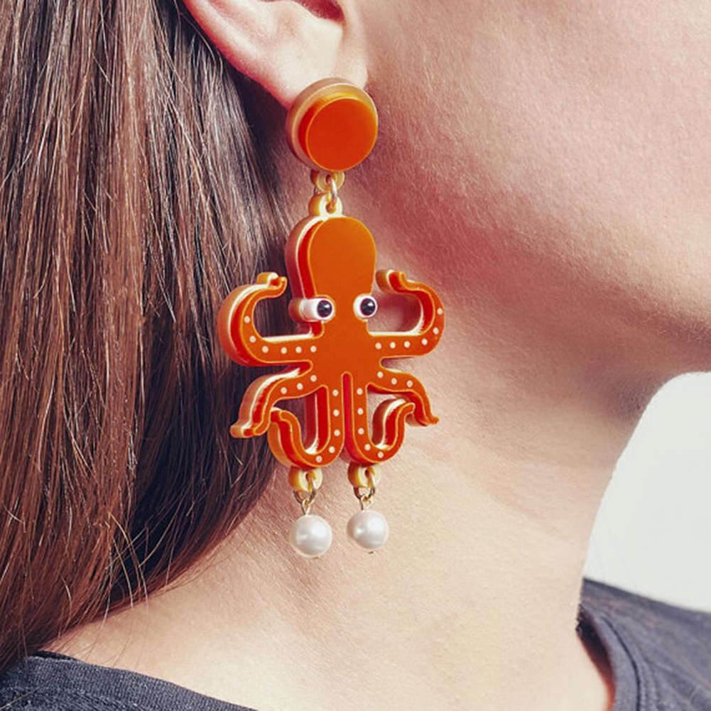 Hu Hu Hu Hu Hu Alat Bantu Pasang Kacamata♡ Anting Tusuk Gantung Statement Bahan Akrilik Desain Lobster / Gurita / Mutiara Imitasi Kreatif Untuk Wanita