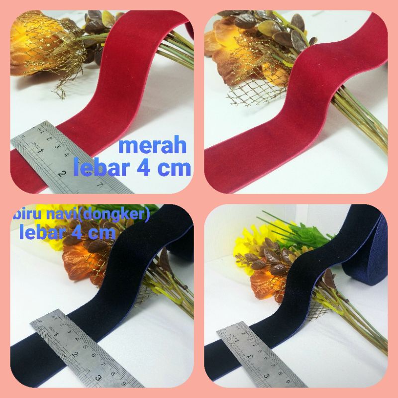 

per meter,pita bludru/velvet warna merah dan biru navi lebar 4 cm