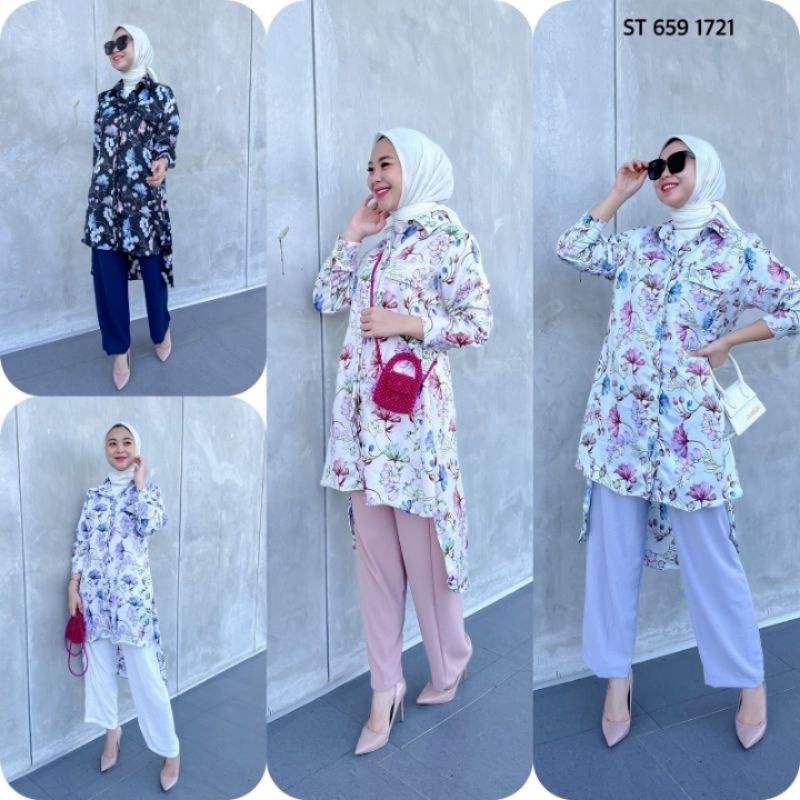 SETELAN CELANA TUNIK PAKAIAN WANITA SETCEL GLADYS LD 110 ONESET BUNGA CRINKLE AIRFLOW