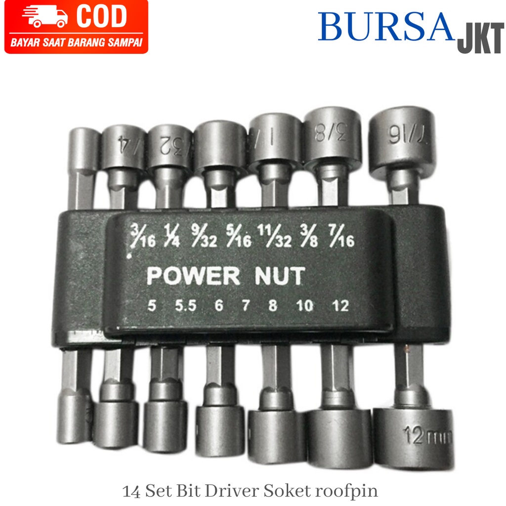 MATA SOK SOCKET BOR ROOFING HEX POWER NUT SET KUNCI MOBIL 14 PC 5 - 19MM