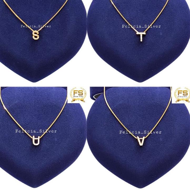 IDIi7I2-- KALUNG PERAK ASLI SILVER WANITA 925 LAPIS EMAS MODEL LIONTIN HURUF, INISIAL, ALFABET LIONT