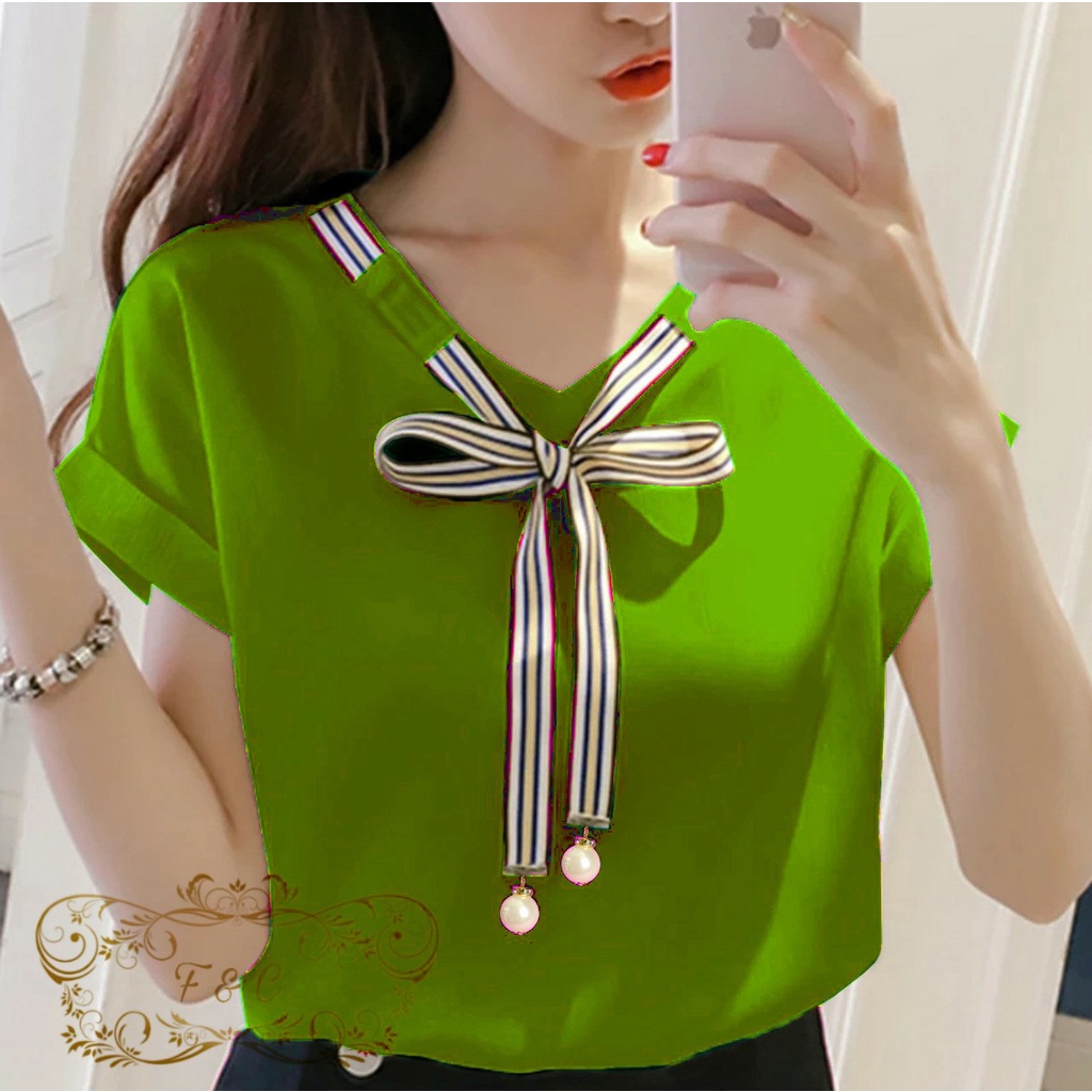 BISA COD - BLOUSE LAURA Blouse Korean Style Wanita Remaja Atasan Kaos Blouse Wanita Dewasa Lengan Pendek Bahan Balotelly-Hijau muda