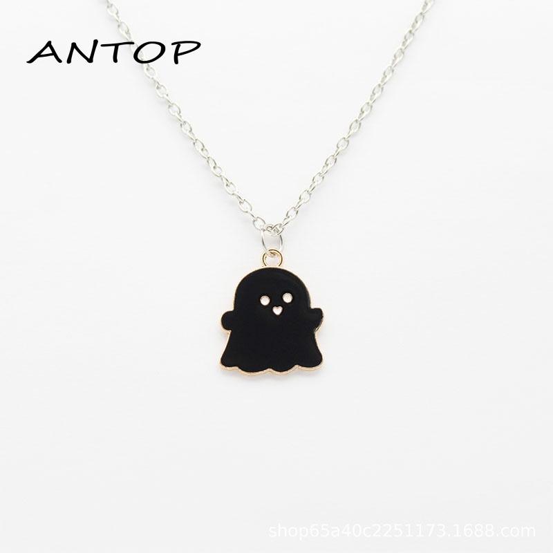 Kalung Rantai Dengan Liontin Kartun Hantu Warna Hitam Dan Putih Untuk Hadiah Halloween