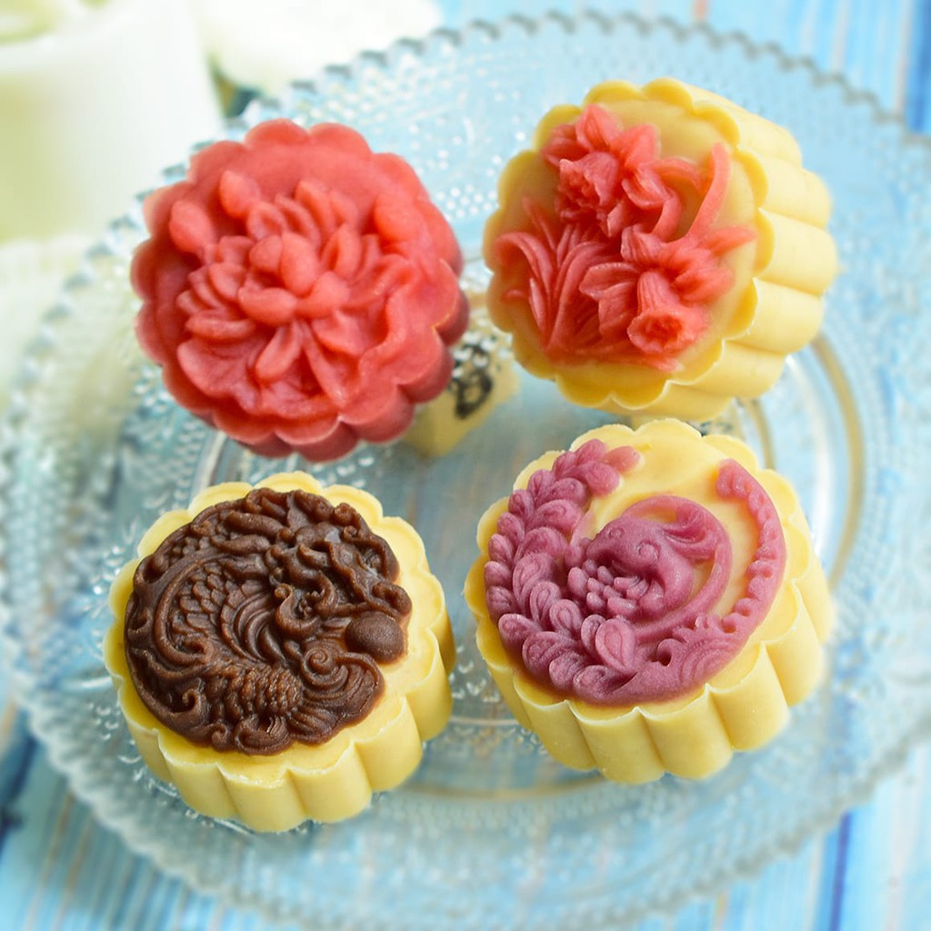 (4pc) cetakan kue bulan 2020 (50gr) cetakan nastar mooncake press mold bulat - Flower 3