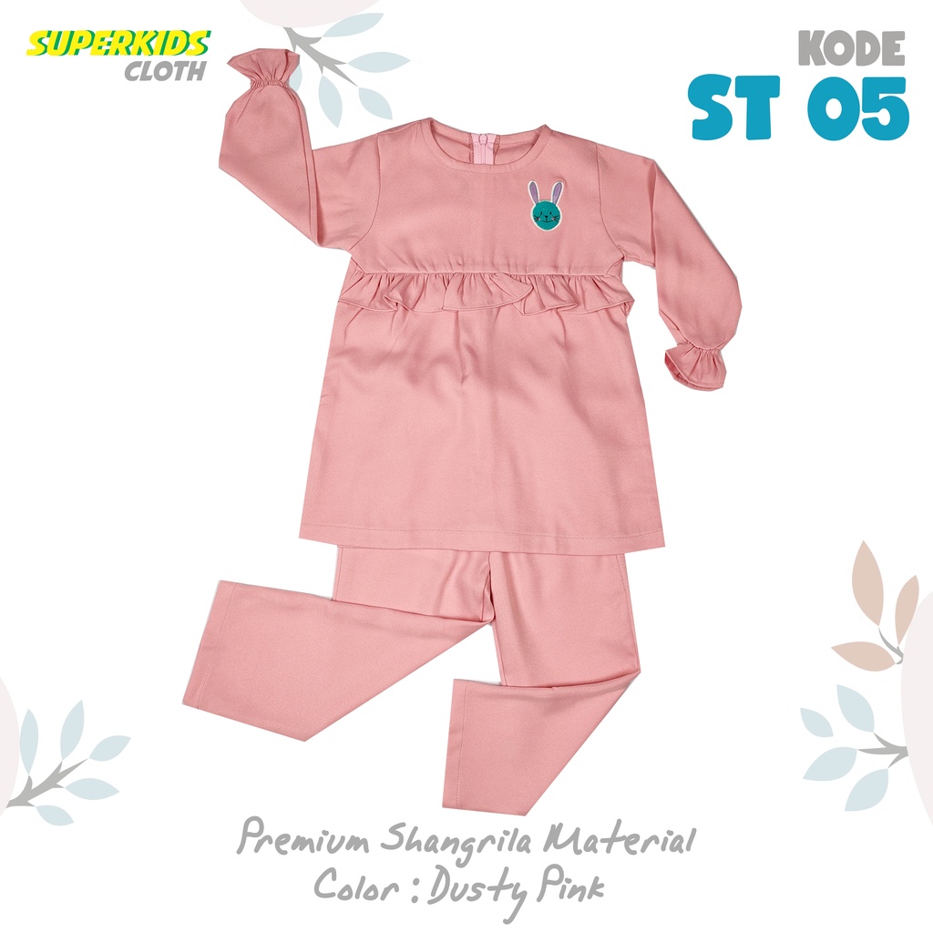 Setelan Baju Muslim Anak Perempuan Tunik Set Gamis Anak Perempuan Dress Anak SuperkidsCloth Pink Rabbit 1 - 10 Tahun