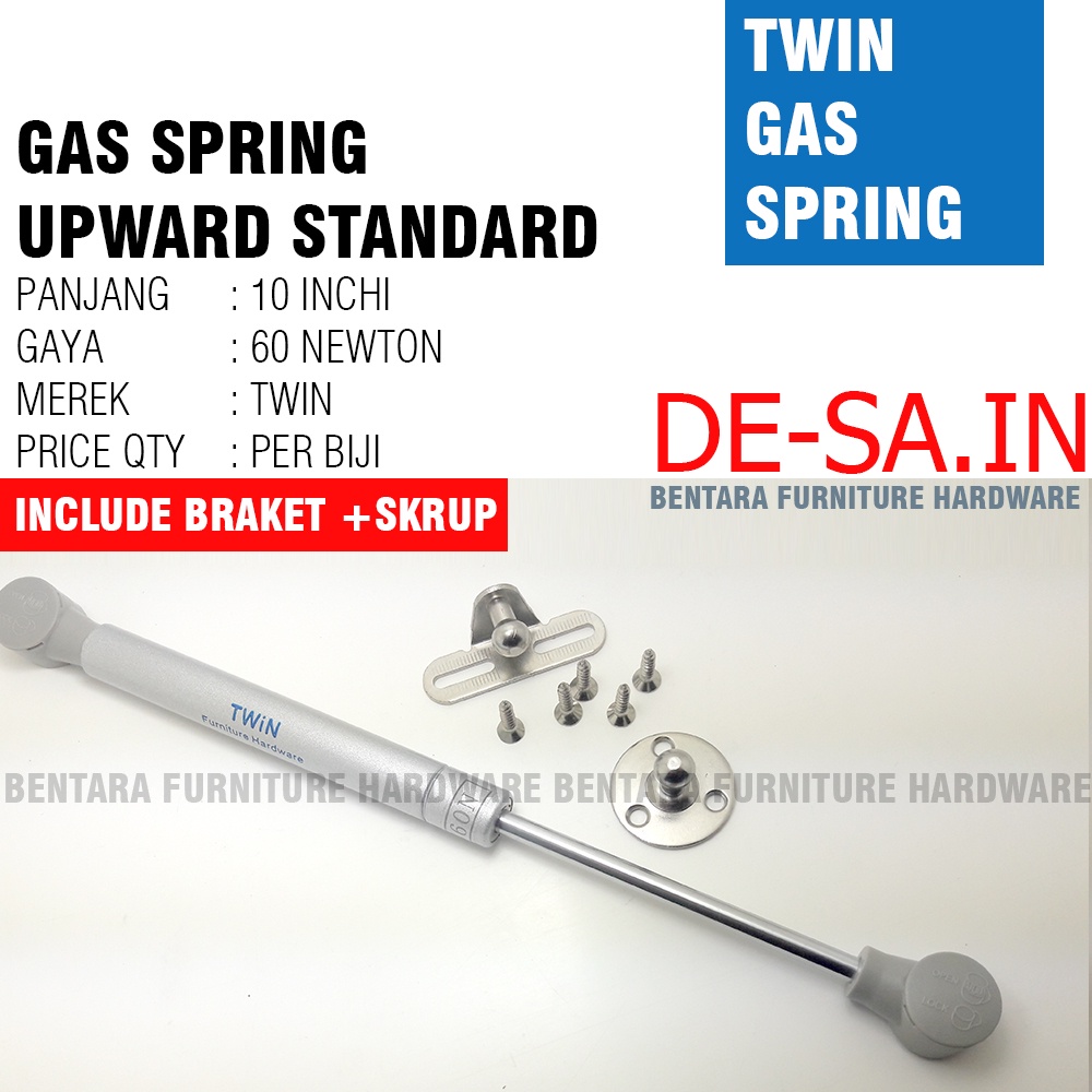 Twin 10 Inchi x 60 Newton Gas Spring Hidrolik - Upward Hidrolik Pintu Kabinet Jok Motor