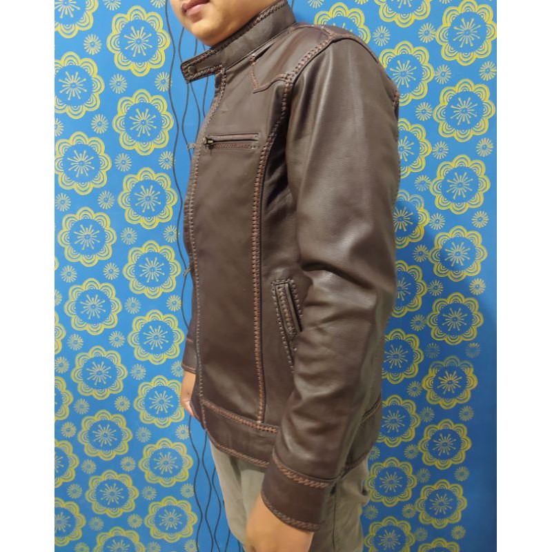 Jaket Kulit Domba Asli Pria Elegant Brownie ARL 033 Silverstone RFLA Ariel Noah 90 Sulam Original